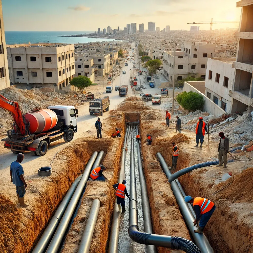 DALL%C2%B7E 2024 11 10 13.27.55 A modern sewage system being installed in a residential area showing workers digging trenches and laying pipes for a new sewerage network with const 3beff61a