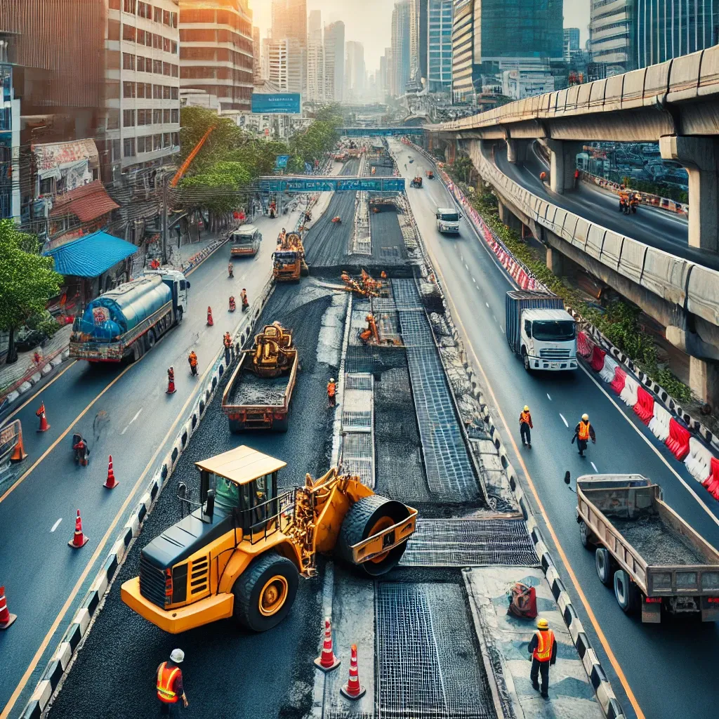 DALL%C2%B7E 2024 11 10 13.27.39 A busy urban road under construction with heavy machinery working on asphalt paving showing workers repairing a large road with drainage systems and 49011320